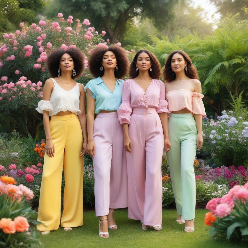 A serene setting showcasing a diverse group of women embracing their unique styles, surrounded by blooming flowers symbolizing beauty and growth. Soft pastel colors dominate the background, enhancing feelings of positivity and self-esteem. Include fashion elements like stylish outfits, accessories, and confident poses, reflecting inner beauty and personal expression. The composition should feel uplifting and empowering. vibrant colors. super-realistic.