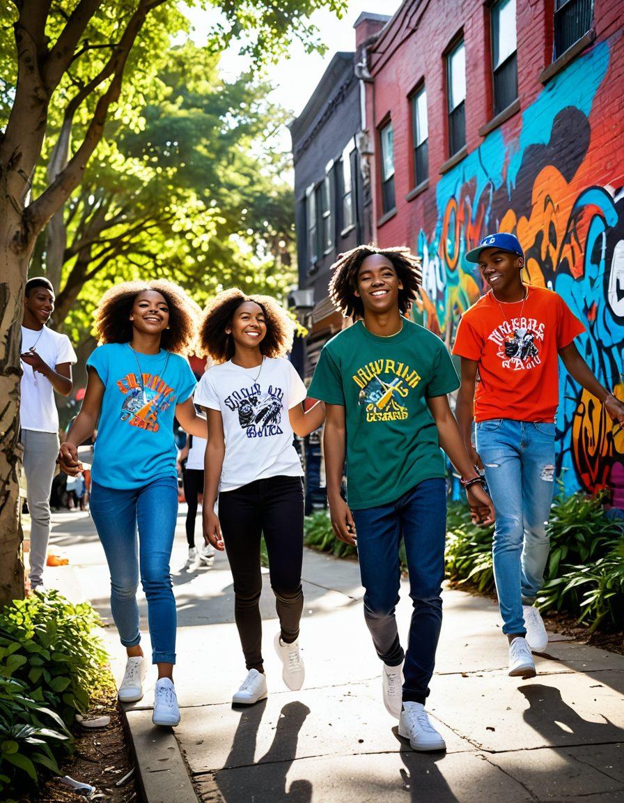 A vibrant scene depicting a diverse group of teenagers passionately expressing themselves through art, music, and dance in an urban setting. The backdrop showcases colorful murals and graffiti that symbolize empowerment and creativity. Bright sunlight filters through the trees, highlighting their joyful faces as they connect with one another. Include elements that represent various forms of self-expression like paintbrushes, musical instruments, and dance props. super-realistic. vibrant colors. urban style.